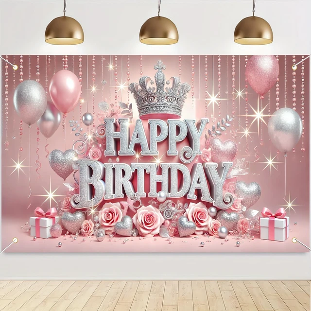 Main image of Pink Crown Roses Polyester Birthday Banner 71x43 Inch Polyester, Pink Rose Crown Theme, Happy birthday backdrop for Hall, Party Room