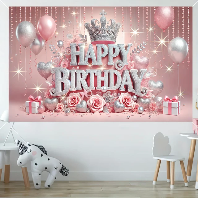 Alt view image 3 of 6 - Pink Crown Roses Polyester Birthday Banner 71x43 Inch Polyester, Pink Rose Crown Theme, Happy birthday backdrop for Hall, Party Room