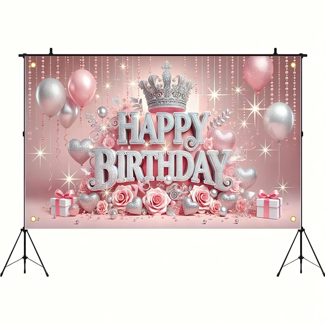 Alt view image 2 of 6 - Pink Crown Roses Polyester Birthday Banner 71x43 Inch Polyester, Pink Rose Crown Theme, Happy birthday backdrop for Hall, Party Room