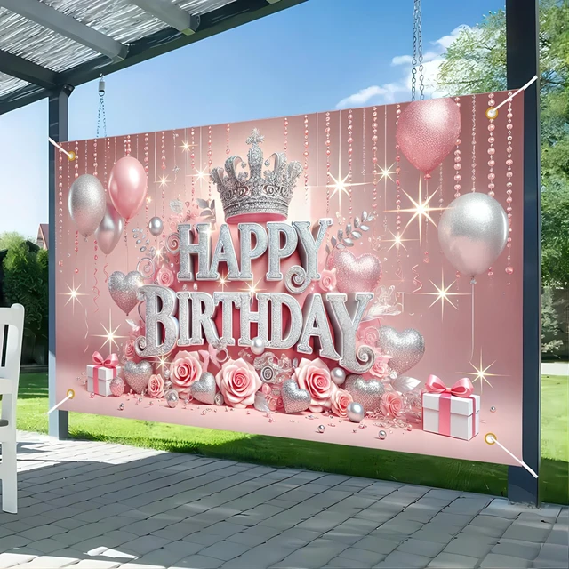 Alt view image 4 of 6 - Pink Crown Roses Polyester Birthday Banner 71x43 Inch Polyester, Pink Rose Crown Theme, Happy birthday backdrop for Hall, Party Room