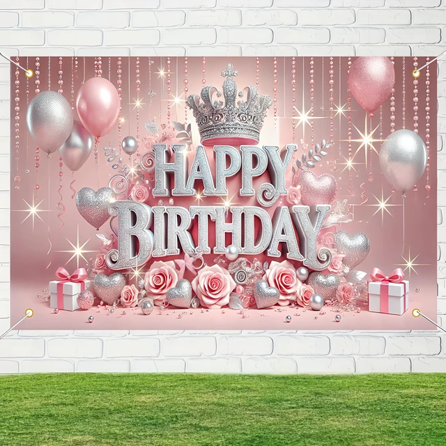 Alt view image 5 of 6 - Pink Crown Roses Polyester Birthday Banner 71x43 Inch Polyester, Pink Rose Crown Theme, Happy birthday backdrop for Hall, Party Room