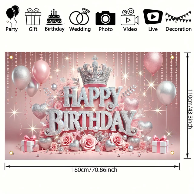 Alt view image 6 of 6 - Pink Crown Roses Polyester Birthday Banner 71x43 Inch Polyester, Pink Rose Crown Theme, Happy birthday backdrop for Hall, Party Room