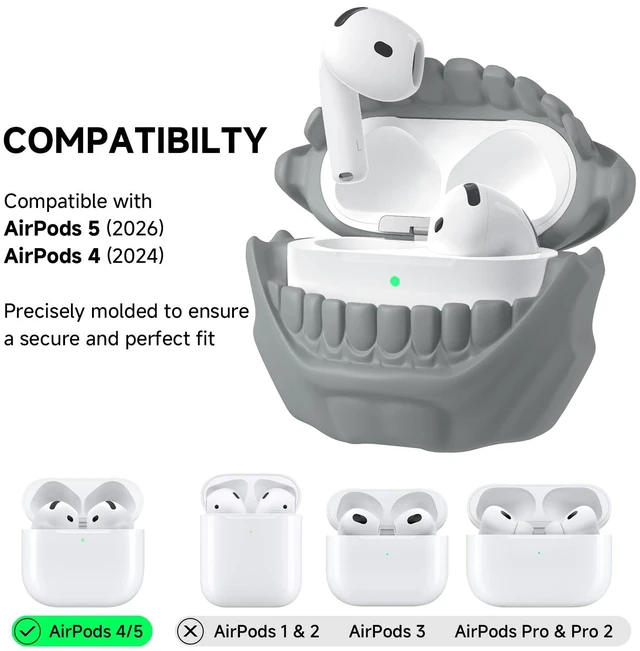 Alt view image 2 of 7 - Silicone Case for AirPods 5 and AirPods 4, Cool Teeth Design, Gray Compatible with AirPods 5 (2026) & 4 (2024), Cute Case Cover, MagSafe Charging
