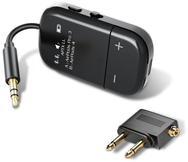 Main image of Airplane Bluetooth Adapter for 2 AirPods or Headphones OLED Display, aptX Adaptive Bluetooth 5.3 Transmitter 3.5mm Aux 30-Hour Battery In-Flight Wireless Audio for Travel