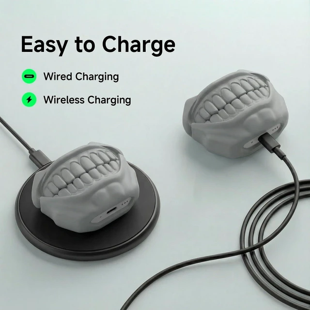 Alt view image 3 of 7 - Silicone Case for AirPods 5 and AirPods 4, Cool Teeth Design, Gray Compatible with AirPods 5 (2026) & 4 (2024), Cute Case Cover, MagSafe Charging