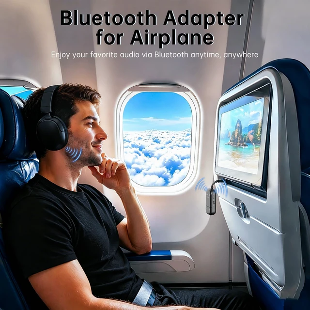 Alt view image 4 of 7 - Airplane Bluetooth Adapter for 2 AirPods or Headphones OLED Display, aptX Adaptive Bluetooth 5.3 Transmitter 3.5mm Aux 30-Hour Battery In-Flight Wireless Audio for Travel
