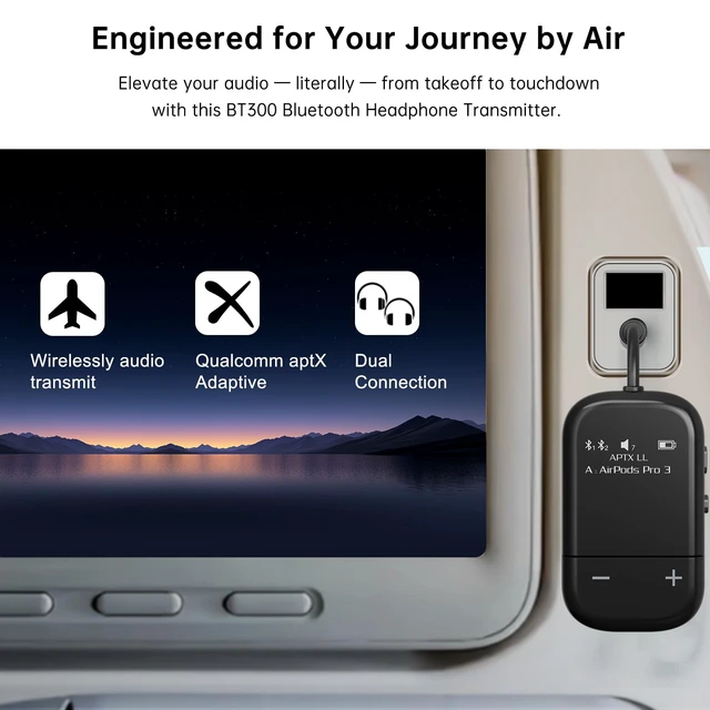 Alt view image 2 of 7 - Airplane Bluetooth Adapter for 2 AirPods or Headphones OLED Display, aptX Adaptive Bluetooth 5.3 Transmitter 3.5mm Aux 30-Hour Battery In-Flight Wireless Audio for Travel