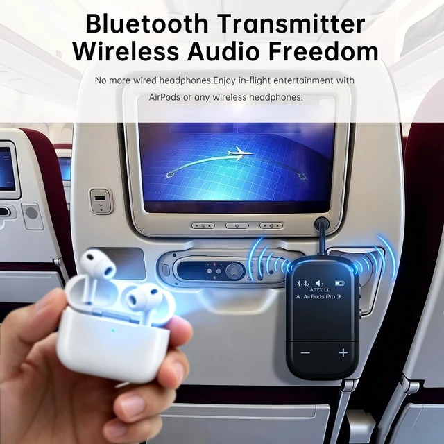 Alt view image 7 of 7 - Airplane Bluetooth Adapter for 2 AirPods or Headphones OLED Display, aptX Adaptive Bluetooth 5.3 Transmitter 3.5mm Aux 30-Hour Battery In-Flight Wireless Audio for Travel