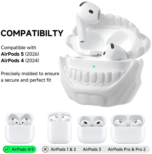 Alt view image 2 of 7 - Silicone Case for AirPods 5 and AirPods 4, Cool Teeth Design, White Compatible with AirPods 5 (2026) & 4 (2024), Cute Case Cover, MagSafe Charging