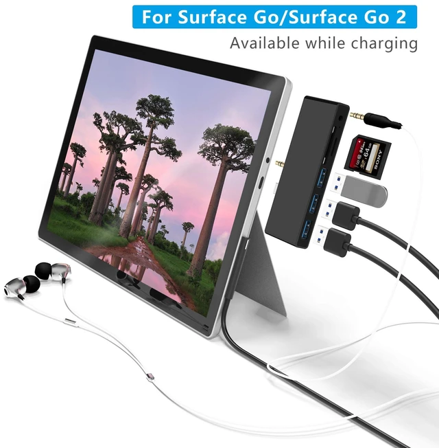 Alt view image 6 of 7 - Surface Go Hub, 6-in-2 USB C Surface Go Docking Station with USB 3.0+2 USB2.0 Ports, 3.5mm Earphones Jack,SD/TF Card Reader