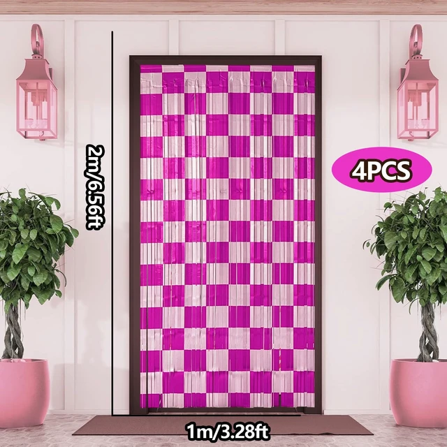 Alt view image 4 of 7 - Preppy Birthday Party Streamers Backdrops Decorations, 4 Pcs Pink Checkered Foil Fringe Curtain Photo Booth Props for Girls Race Car Smiley Face Baby Shower Party Decor Supplies