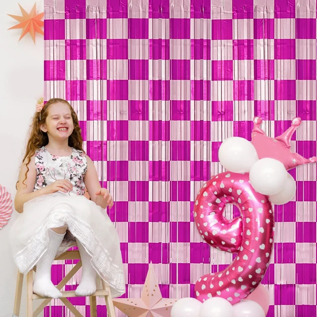 Alt view image 5 of 7 - Preppy Birthday Party Streamers Backdrops Decorations, 4 Pcs Pink Checkered Foil Fringe Curtain Photo Booth Props for Girls Race Car Smiley Face Baby Shower Party Decor Supplies