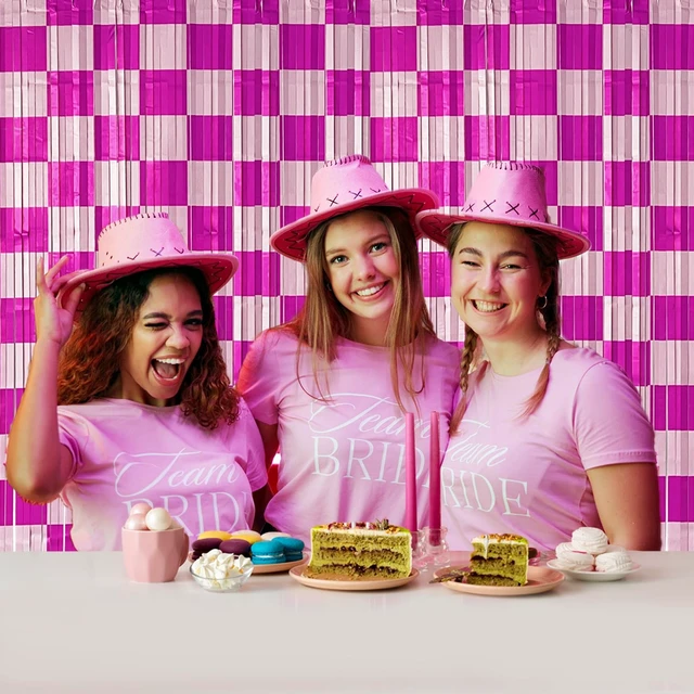 Alt view image 7 of 7 - Preppy Birthday Party Streamers Backdrops Decorations, 4 Pcs Pink Checkered Foil Fringe Curtain Photo Booth Props for Girls Race Car Smiley Face Baby Shower Party Decor Supplies