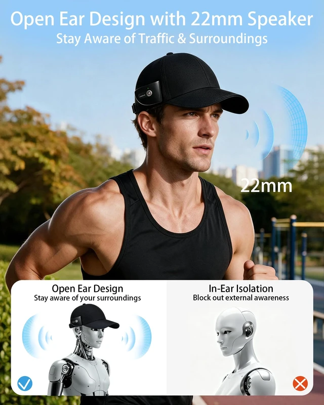 Alt view image 2 of 7 - Solar Bluetooth Smart Hat OpenEar Speaker Baseball Cap Waterproof golf music cap, running speaker hat, hiking headwear with audio, work outdoor solar cap, hands-free call baseball hat