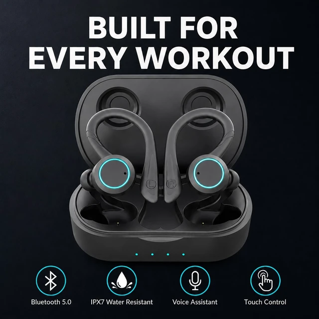 Alt view image 2 of 7 - Bluetooth Sports Earbuds Grey IPX7 Waterproof, Over Ear Hook