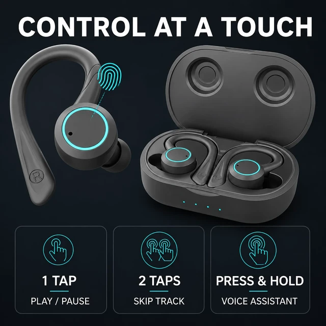 Alt view image 3 of 7 - Bluetooth Sports Earbuds Grey IPX7 Waterproof, Over Ear Hook