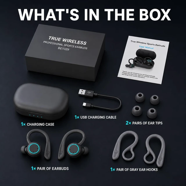 Alt view image 7 of 7 - Bluetooth Sports Earbuds Grey IPX7 Waterproof, Over Ear Hook