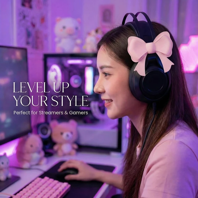 Alt view image 6 of 7 - Bow Decor Headphone Accessories Over-Ear Headphone Decoration, Soft Silicon, Gift for Women Gamers & Streamers, With Adjustable Strap,Large Bow