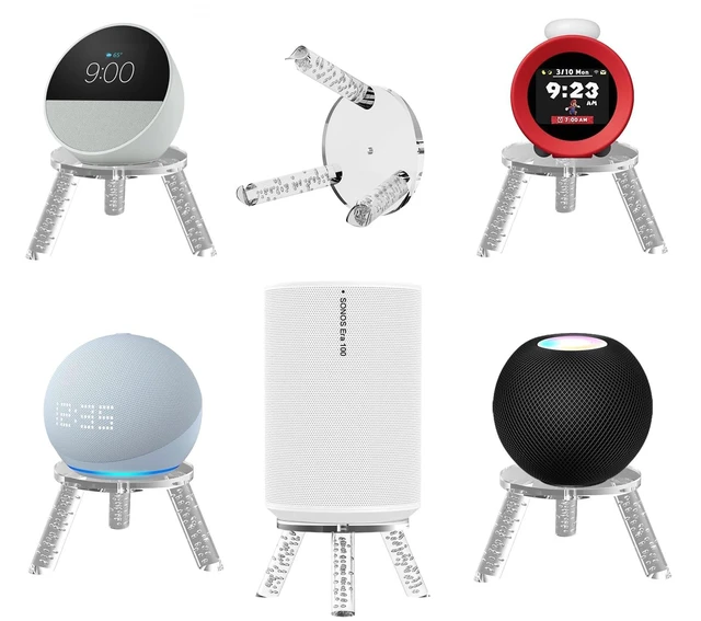 Main image of Desktop Speaker Stand for Echo Spot 2024, Dot, Glow, HomePod Mini, Nintendo Sound Clock Alarmo and Sonos Era 100 - Acrylic Tripod Accessories Holder (Transparent)