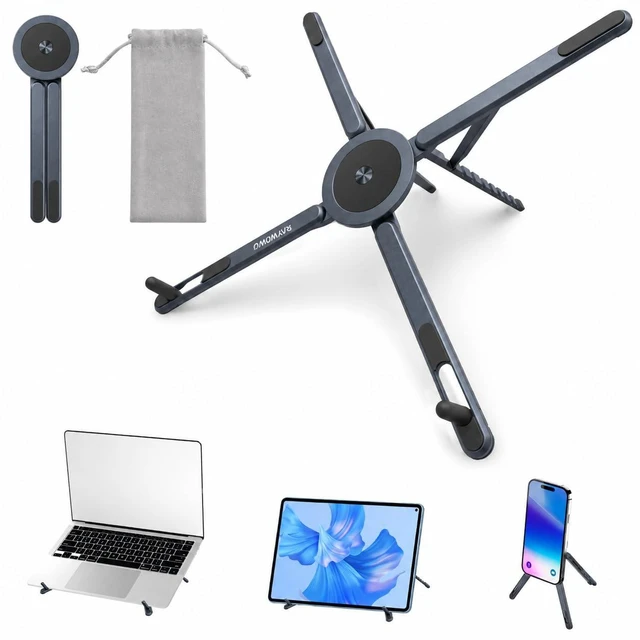 Main image of 3-in-1 Portable Laptop Stand Magnetic Phone Holder Foldable Riser 8-Level Height Adjustable All Aluminum Design Anti-slip Silicone Pad for Home Travel Desk,Gray