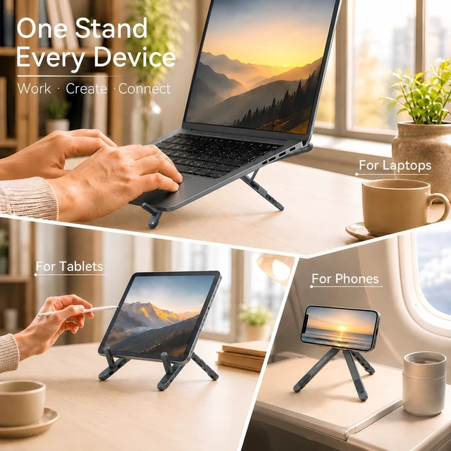 Alt view image 2 of 7 - 3-in-1 Portable Laptop Stand Magnetic Phone Holder Foldable Riser 8-Level Height Adjustable All Aluminum Design Anti-slip Silicone Pad for Home Travel Desk,Gray