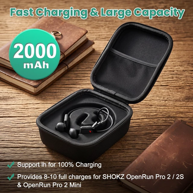 Alt view image 3 of 7 - Charging Case for Shokz OpenRun Pro 2s, Pro 2 & Pro 2 Mini, 2000mAh Black Shokz charger,shokz case,Fast charging, Hard EVA shell, Shockproof & Waterproof, Travel-friendly, Headphones not included