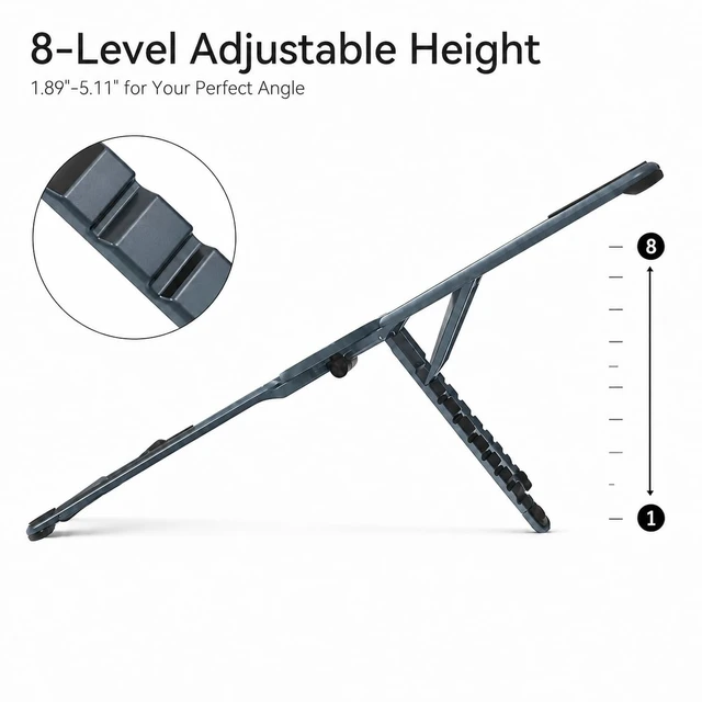 Alt view image 5 of 7 - 3-in-1 Portable Laptop Stand Magnetic Phone Holder Foldable Riser 8-Level Height Adjustable All Aluminum Design Anti-slip Silicone Pad for Home Travel Desk,Gray