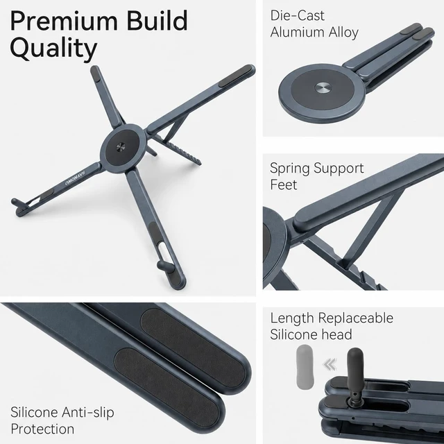 Alt view image 6 of 7 - 3-in-1 Portable Laptop Stand Magnetic Phone Holder Foldable Riser 8-Level Height Adjustable All Aluminum Design Anti-slip Silicone Pad for Home Travel Desk,Gray