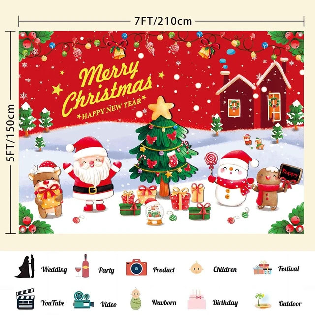 Alt view image 2 of 7 - 7x5ft Merry Christmas Backdrop Banner Santa Christmas Party Decorations Red White Snow Xmas Tree Holiday Party Photography Background New Years Wall Decor Photo Props for Kids