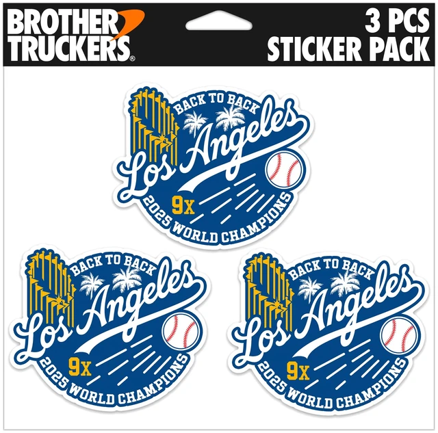 Main image of Baseball 2025 World Champions Sticker Los Angeles LA Waterproof Vinyl Decal Stickers for Laptop, Water Bottle, Phone, & Accessories (Los Angeles 3 Pcs 2.6" H x 3.2" W)