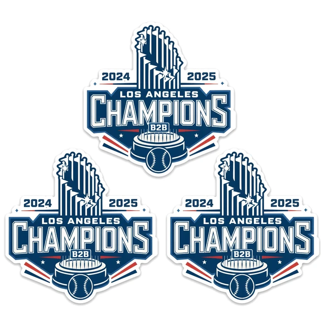 Alt view image 2 of 2 - Baseball 2025 World Champions Sticker Los Angeles LA Waterproof Vinyl Decal Stickers for Laptop, Water Bottle, Phone, & Accessories (Champions 3 Pcs 2.9" H x 2.9" W)