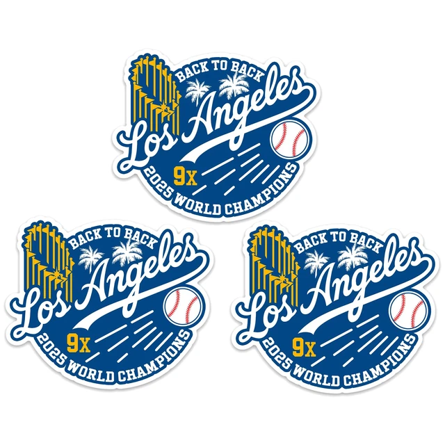 Alt view image 2 of 2 - Baseball 2025 World Champions Sticker Los Angeles LA Waterproof Vinyl Decal Stickers for Laptop, Water Bottle, Phone, & Accessories (Los Angeles 3 Pcs 2.6" H x 3.2" W)