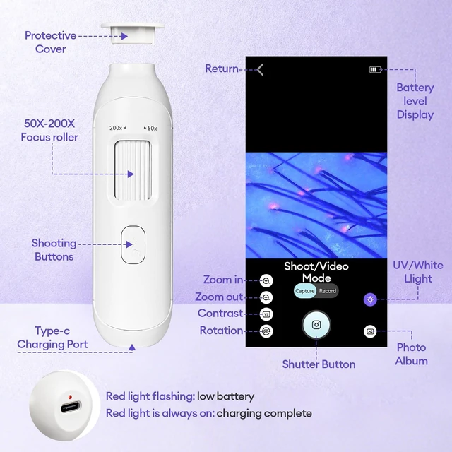 Alt view image 2 of 7 - Wireless Scalp Camera Handheld Microscope,50X200X Zoom Fixed Focus HD Magnifier with LED,Portable Microscopes for Phone/ipad,Designed for Casual Scalp and Hair Surface Viewing