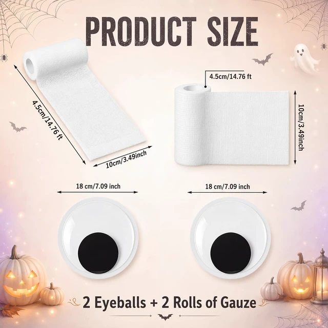 Alt view image 2 of 7 - 4 Piece Halloween Mummy Door Decoration with Eyeballs & Bandage 7.1"inch Plastic Eyeballs, Tearable Bandages, 3D Front Door Decor, Haunted House Decor, Reusable Effortless to Store