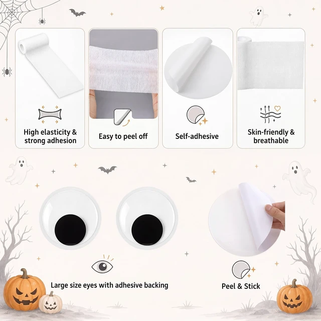 Alt view image 3 of 7 - 4 Piece Halloween Mummy Door Decoration with Eyeballs & Bandage 7.1"inch Plastic Eyeballs, Tearable Bandages, 3D Front Door Decor, Haunted House Decor, Reusable Effortless to Store