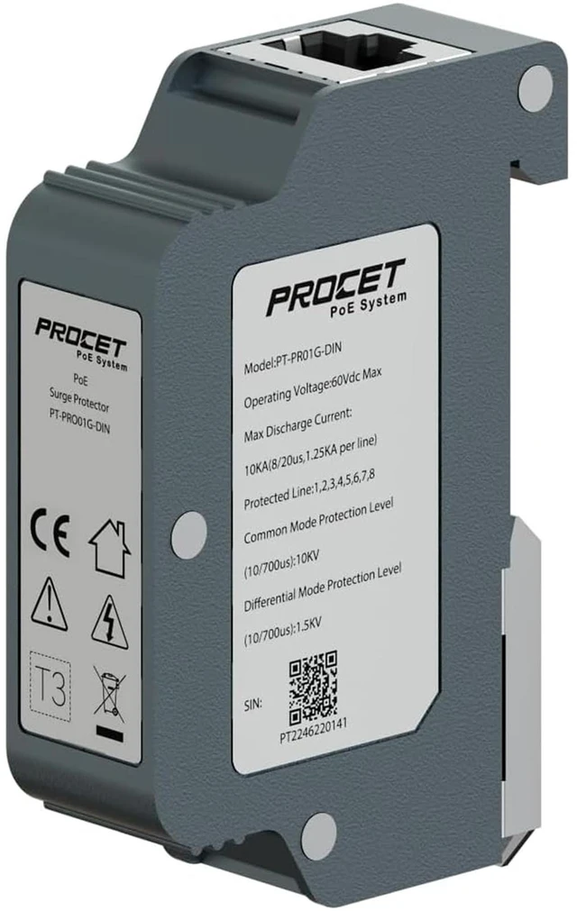 Main image of 10KV DIN Rail PoE Surge Protector IEEE802.3bt/PoE++ Up to 120W Gigabit PoE 10KV Lightning Suppressor, -40 to 185, Industrial Zinc Alloy, Gas Discharge Tube