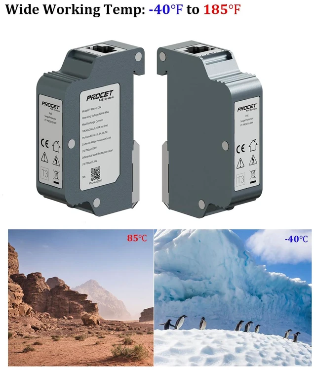 Alt view image 5 of 7 - 10KV DIN Rail PoE Surge Protector IEEE802.3bt/PoE++ Up to 120W Gigabit PoE 10KV Lightning Suppressor, -40 to 185, Industrial Zinc Alloy, Gas Discharge Tube