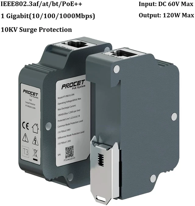 Alt view image 3 of 7 - 10KV DIN Rail PoE Surge Protector IEEE802.3bt/PoE++ Up to 120W Gigabit PoE 10KV Lightning Suppressor, -40 to 185, Industrial Zinc Alloy, Gas Discharge Tube