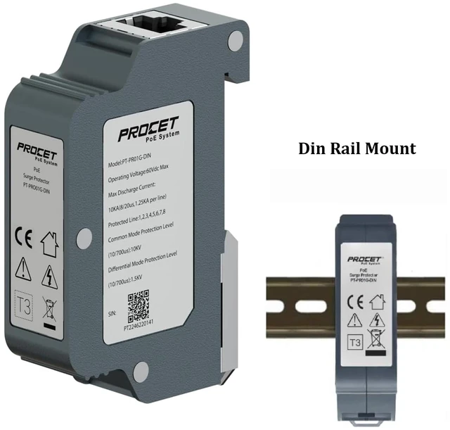 Alt view image 4 of 7 - 10KV DIN Rail PoE Surge Protector IEEE802.3bt/PoE++ Up to 120W Gigabit PoE 10KV Lightning Suppressor, -40 to 185, Industrial Zinc Alloy, Gas Discharge Tube