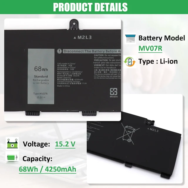 Alt view image 2 of 7 - MV07R Battery Replacement for Dell G3 15 3500 3590 3700 3790 For G5 15 5500 5505 SE Series Notebook, 72WGV 072WGV W5W19 0W5W19 JJRRD 0JJRRD 266J9 M4GWP PN1VN, 15.2V 68Wh 4250mAh