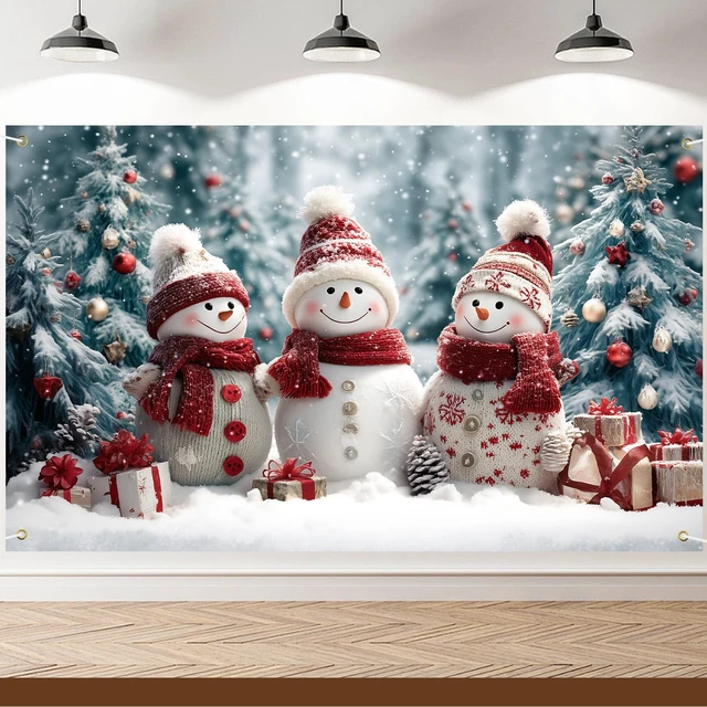Alt view image 2 of 7 - Merry Christmas Banner Decoration New Year Outdoor Flag Indoor Home Decor Party Supplies Yard Sign Background for Photography (Three Snowmen, 71x43 Inch)