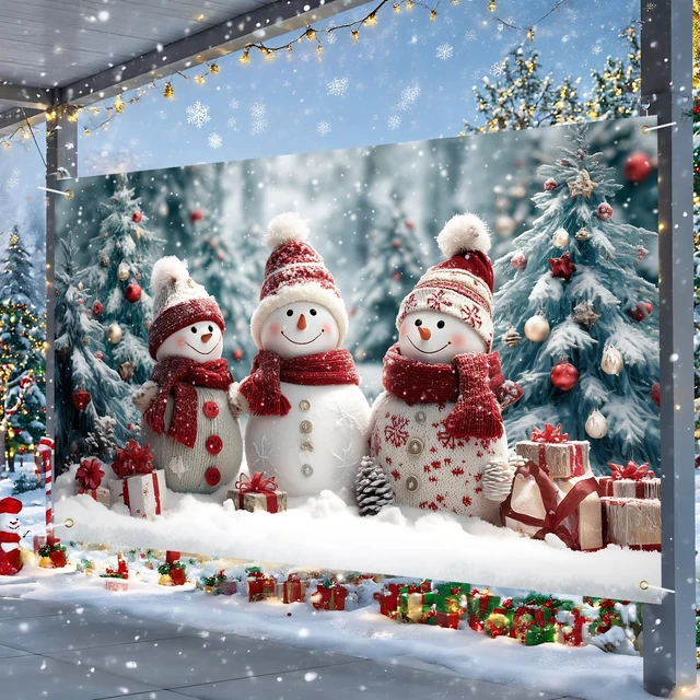 Alt view image 4 of 7 - Merry Christmas Banner Decoration New Year Outdoor Flag Indoor Home Decor Party Supplies Yard Sign Background for Photography (Three Snowmen, 71x43 Inch)