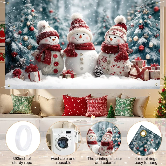 Alt view image 5 of 7 - Merry Christmas Banner Decoration New Year Outdoor Flag Indoor Home Decor Party Supplies Yard Sign Background for Photography (Three Snowmen, 71x43 Inch)