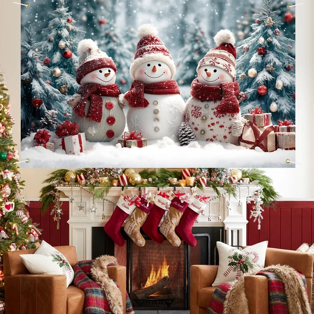 Alt view image 7 of 7 - Merry Christmas Banner Decoration New Year Outdoor Flag Indoor Home Decor Party Supplies Yard Sign Background for Photography (Three Snowmen, 71x43 Inch)