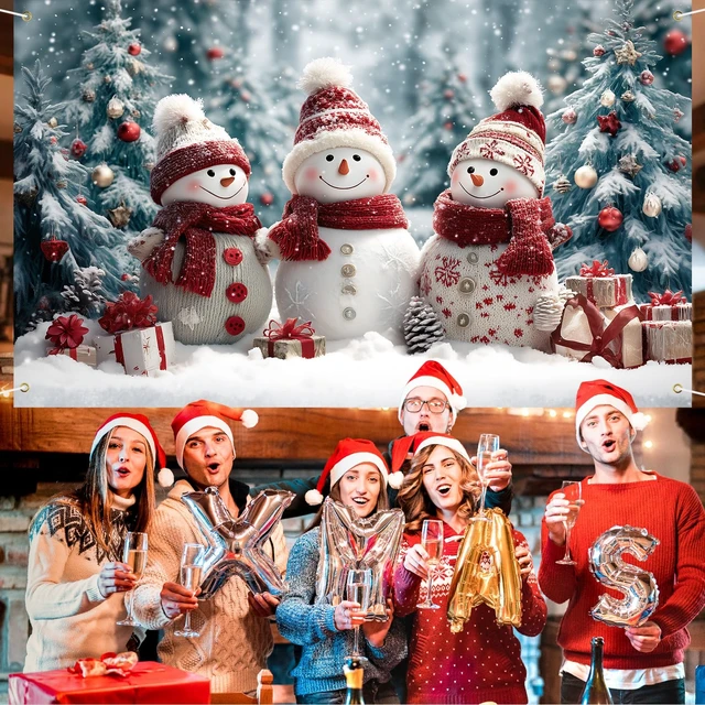 Alt view image 6 of 7 - Merry Christmas Banner Decoration New Year Outdoor Flag Indoor Home Decor Party Supplies Yard Sign Background for Photography (Three Snowmen, 71x43 Inch)