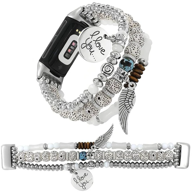 Main image of Elastic Beaded Bracelet Compatible with Fitbit Charge 6/Charge 5 Band Women Men,Dressy Stretch Bohemian Ethnic Multilayered Beads Wristband for Charge 6/5 Fitness Tracker (White, S 5.3-5.9)