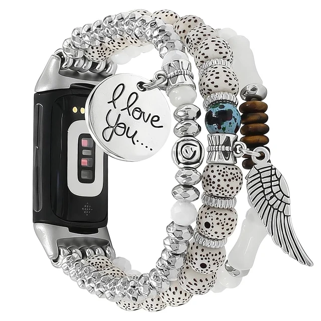Alt view image 2 of 5 - Elastic Beaded Bracelet Compatible with Fitbit Charge 6/Charge 5 Band Women Men,Dressy Stretch Bohemian Ethnic Multilayered Beads Wristband for Charge 6/5 Fitness Tracker (White, S 5.3-5.9)