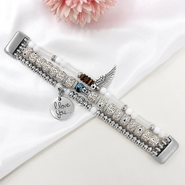 Alt view image 3 of 5 - Elastic Beaded Bracelet Compatible with Fitbit Charge 6/Charge 5 Band Women Men,Dressy Stretch Bohemian Ethnic Multilayered Beads Wristband for Charge 6/5 Fitness Tracker (White, S 5.3-5.9)