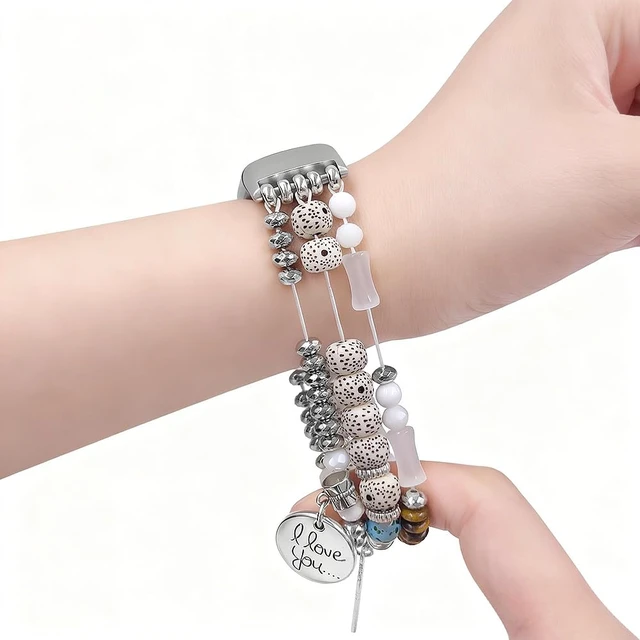 Alt view image 5 of 5 - Elastic Beaded Bracelet Compatible with Fitbit Charge 6/Charge 5 Band Women Men,Dressy Stretch Bohemian Ethnic Multilayered Beads Wristband for Charge 6/5 Fitness Tracker (White, S 5.3-5.9)