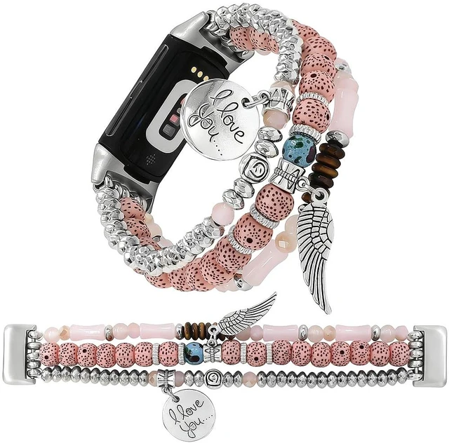 Main image of Elastic Beaded Bracelet Compatible with Fitbit Charge 6/Charge 5 Band Women Men,Dressy Stretch Bohemian Ethnic Multilayered Beads Wristband for Charge 6/5 Fitness Tracker (Pink, S 5.3-5.9)